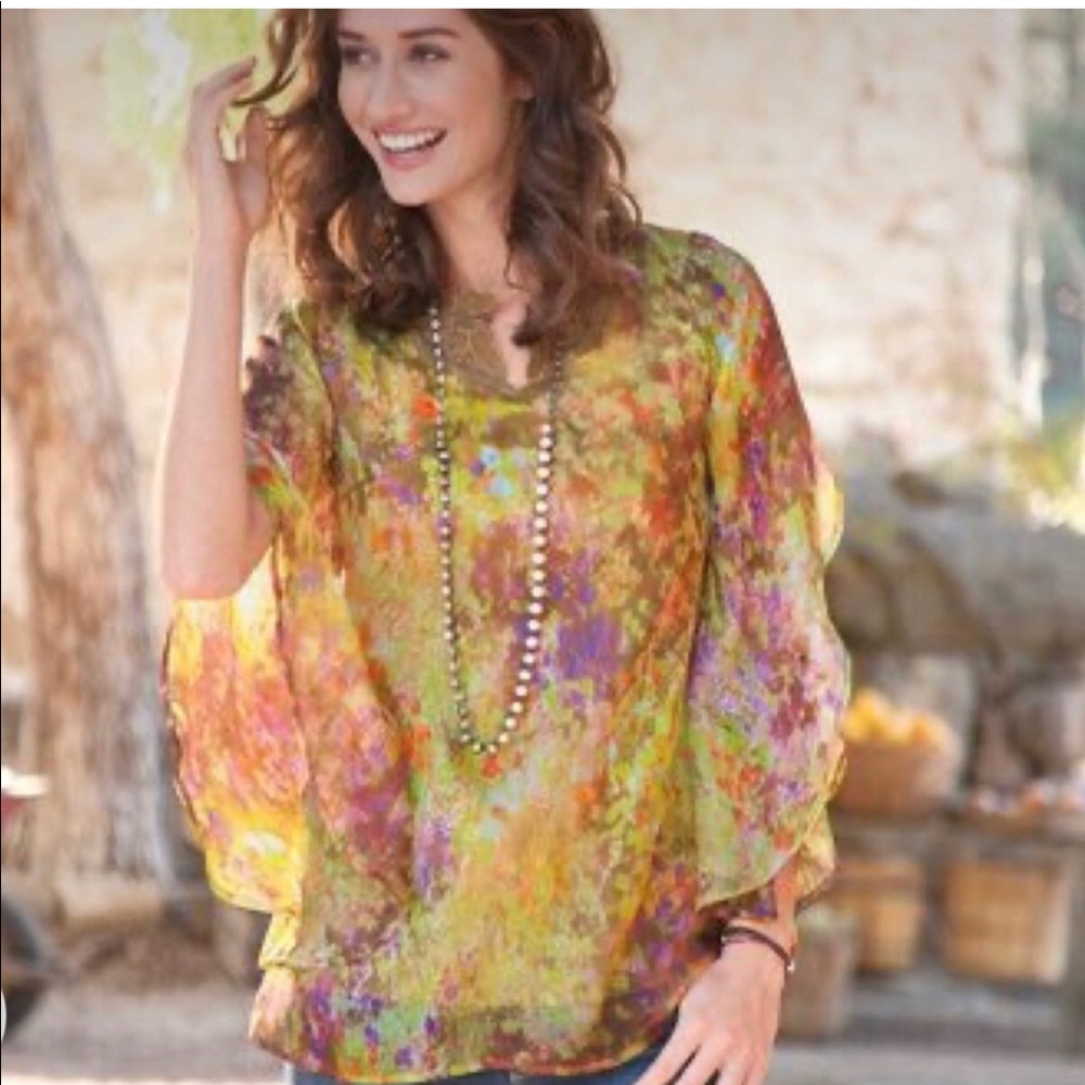 Sundance 100% Silk Flora Tunic Blouse Watercolor Open Sleeves Lace Neckline M D2